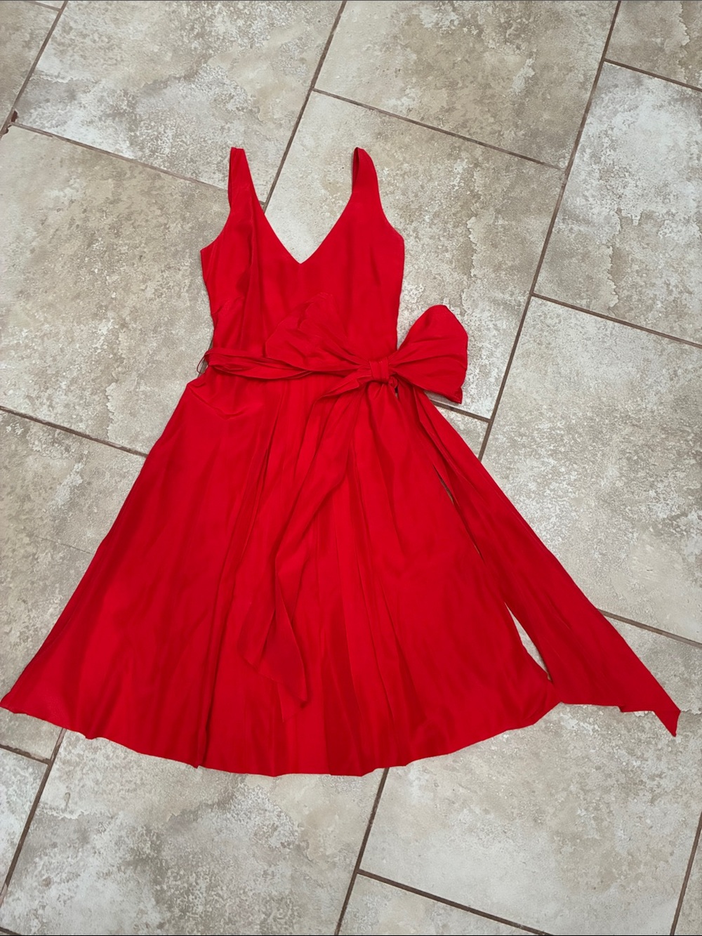 Zara Red V-Neck Sleeveless Midi Dress with Side Sash Bow